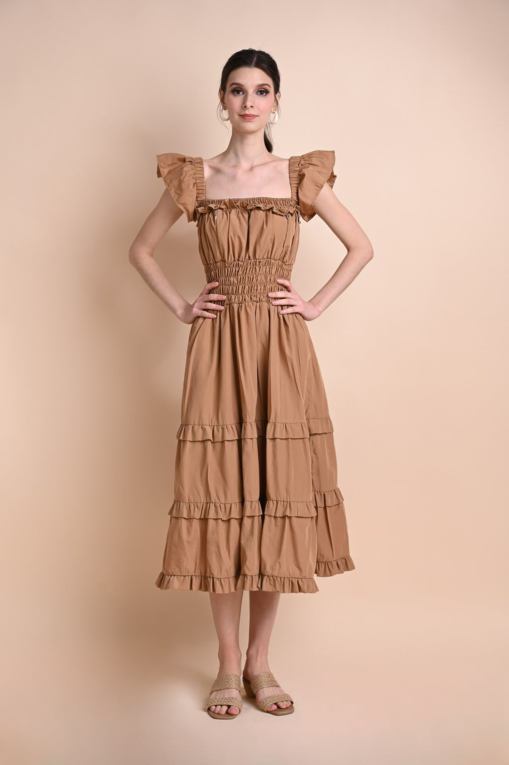 Khaki: Questa Ruffled Maxi Dress