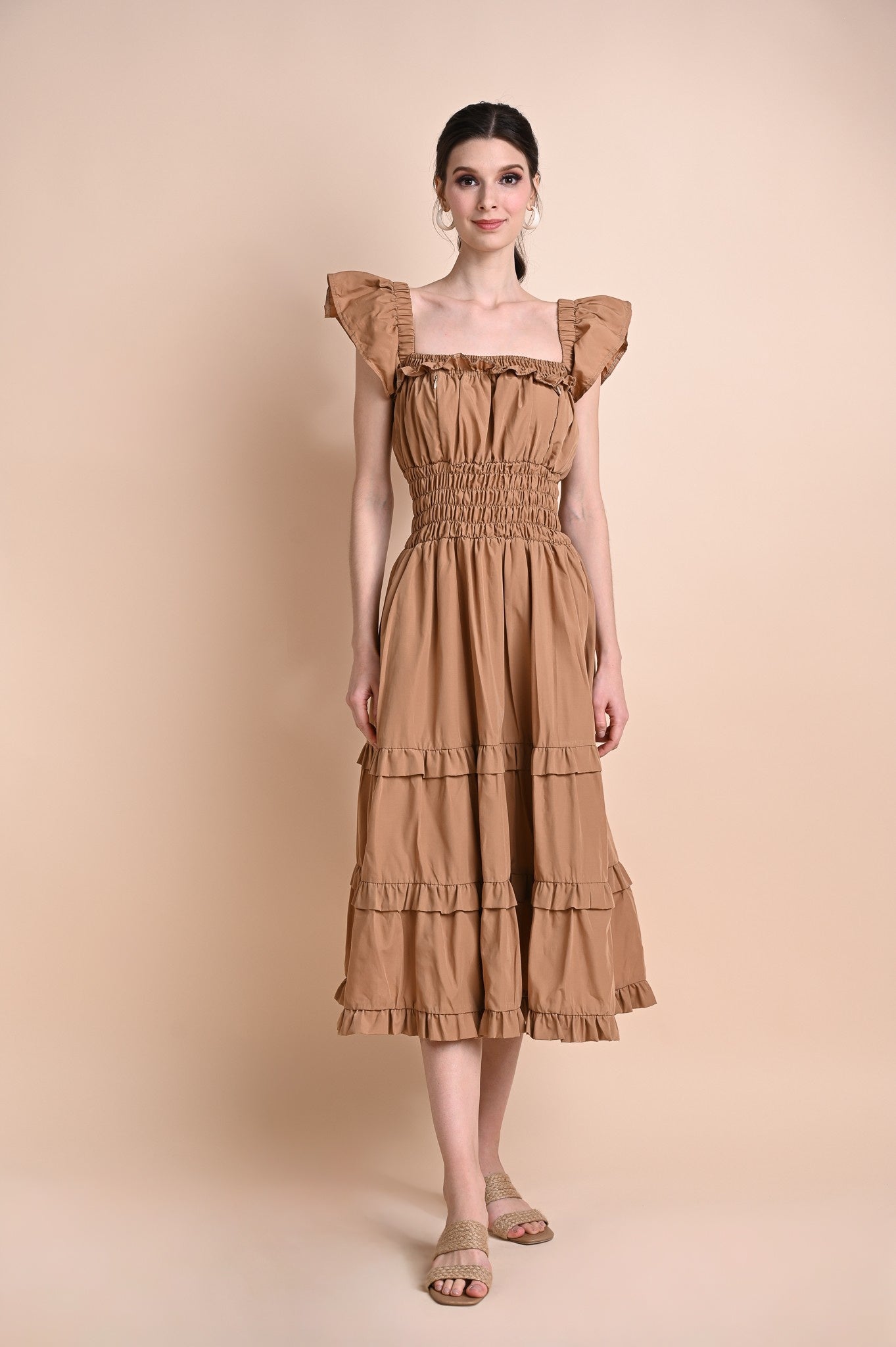 Khaki: Questa Ruffled Maxi Dress
