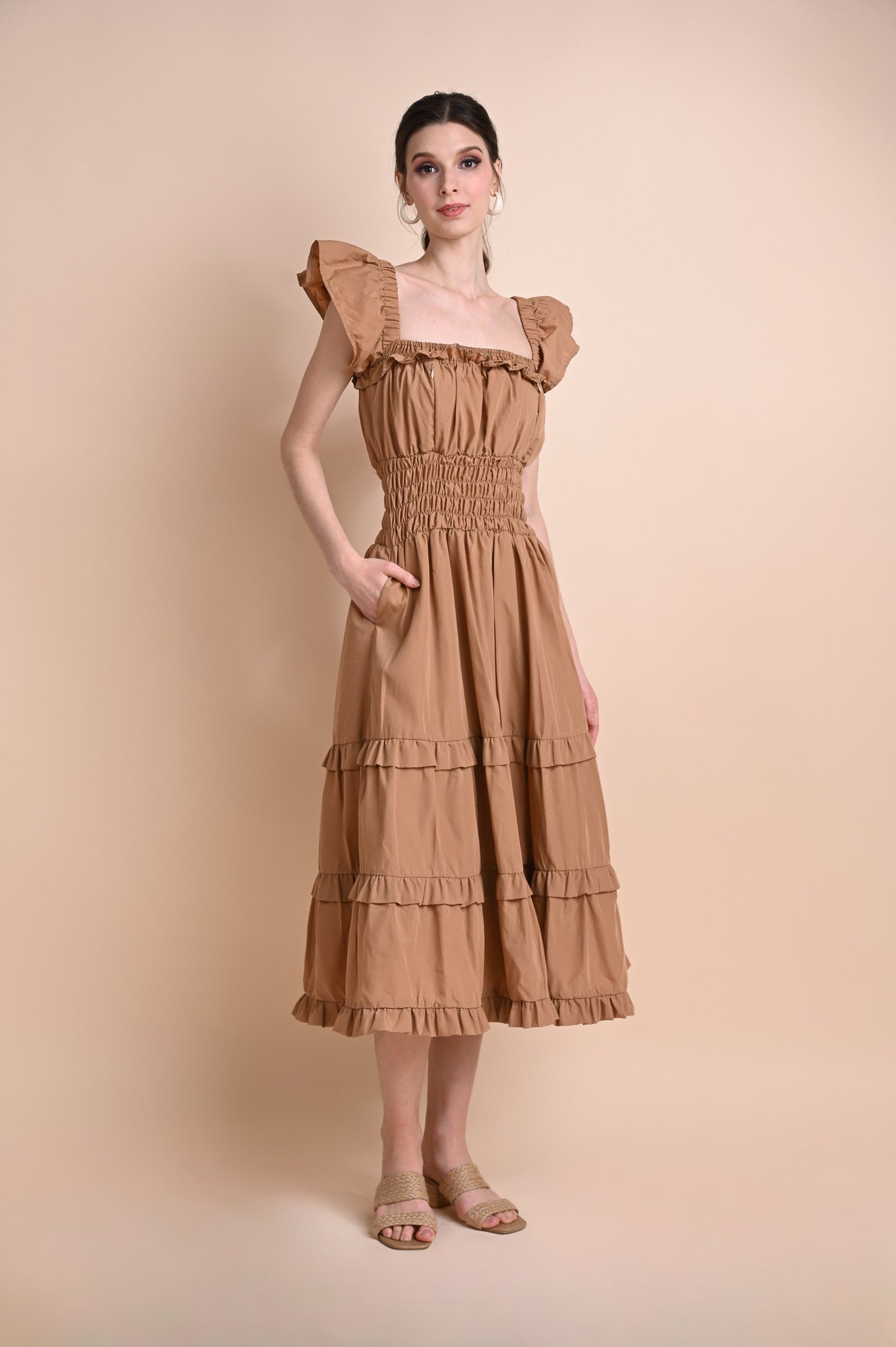 Khaki: Questa Ruffled Maxi Dress