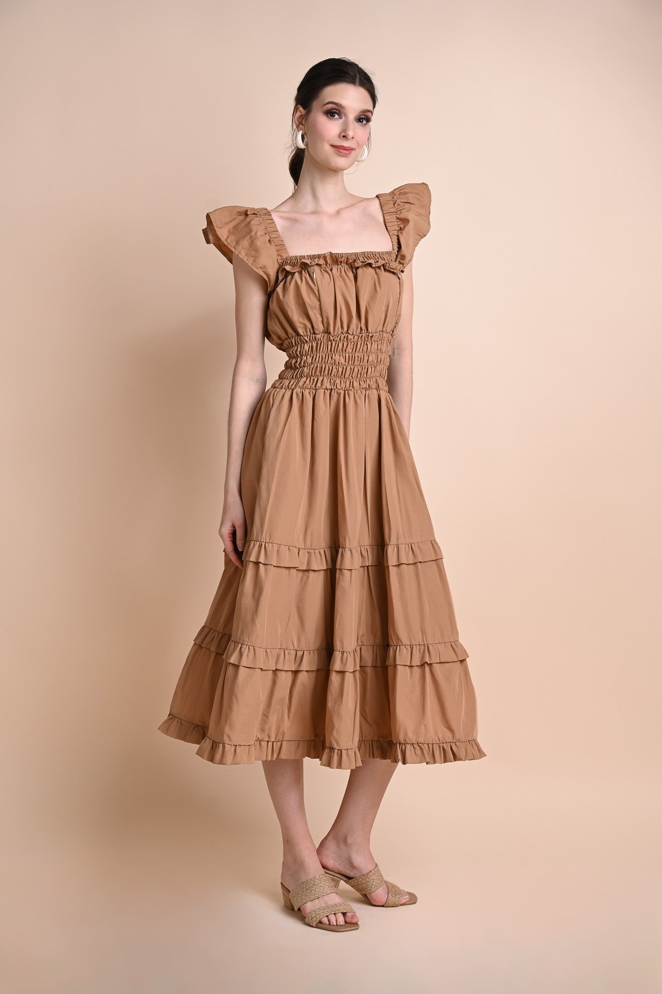 Khaki: Questa Ruffled Maxi Dress