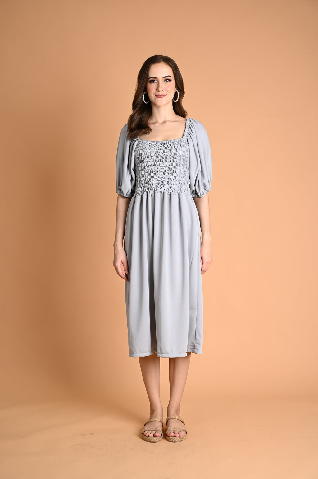 Green: Ivory Smocked Midi Dress