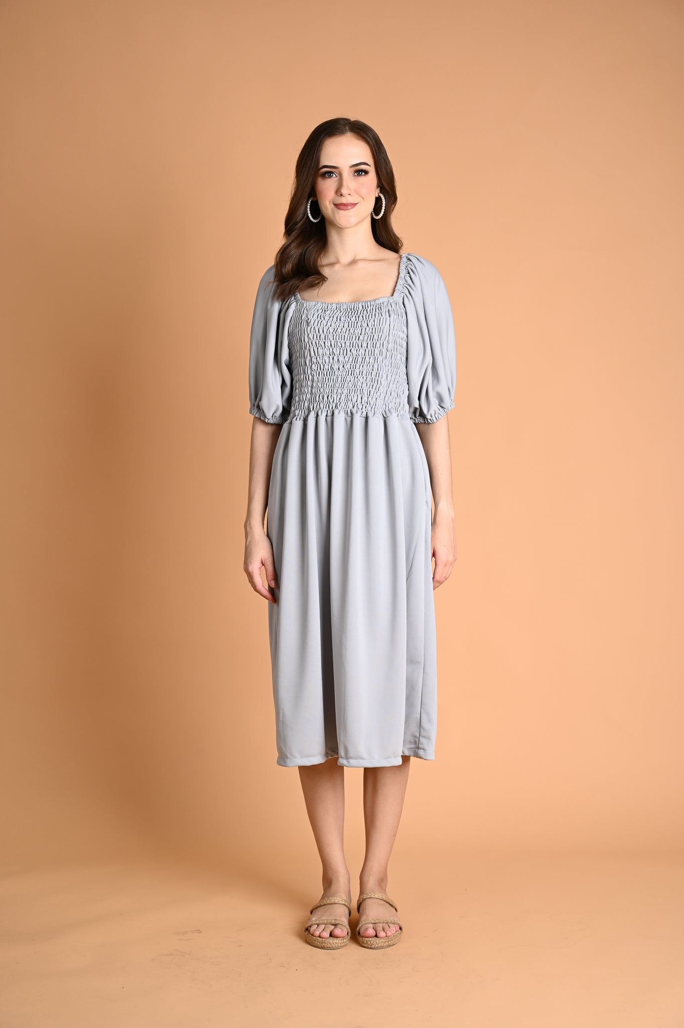 Green: Ivory Smocked Midi Dress