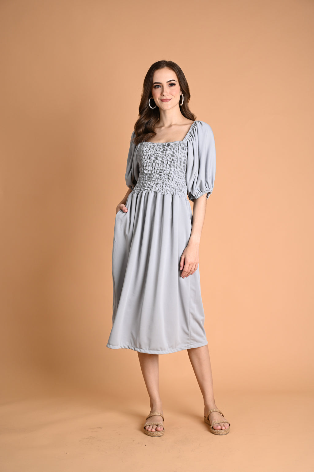 Green: Ivory Smocked Midi Dress