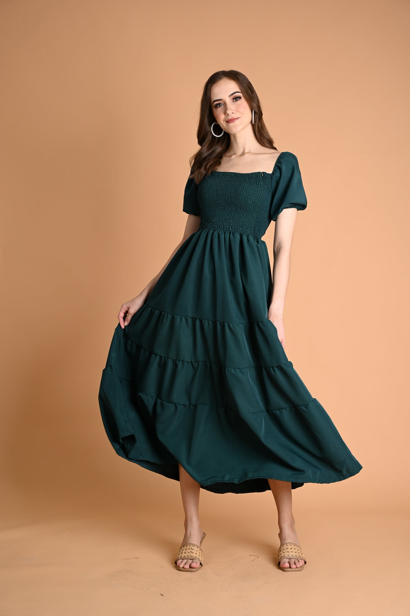 Green: Drancy Puff-sleeved Maxi Dress