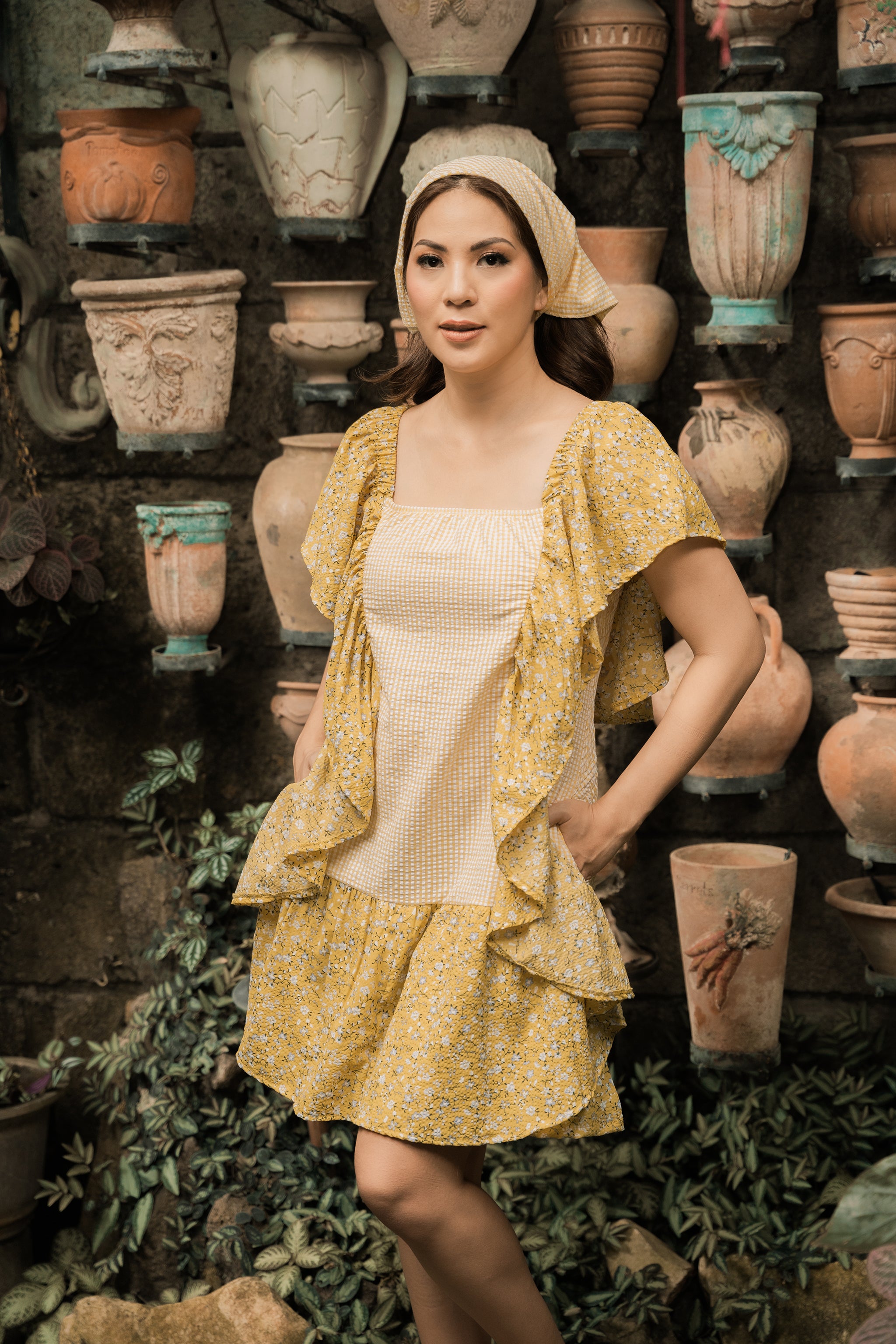 MUM x LDG 3: Maya Premium Yellow Checkered Seersucker Dress with Floral Accent