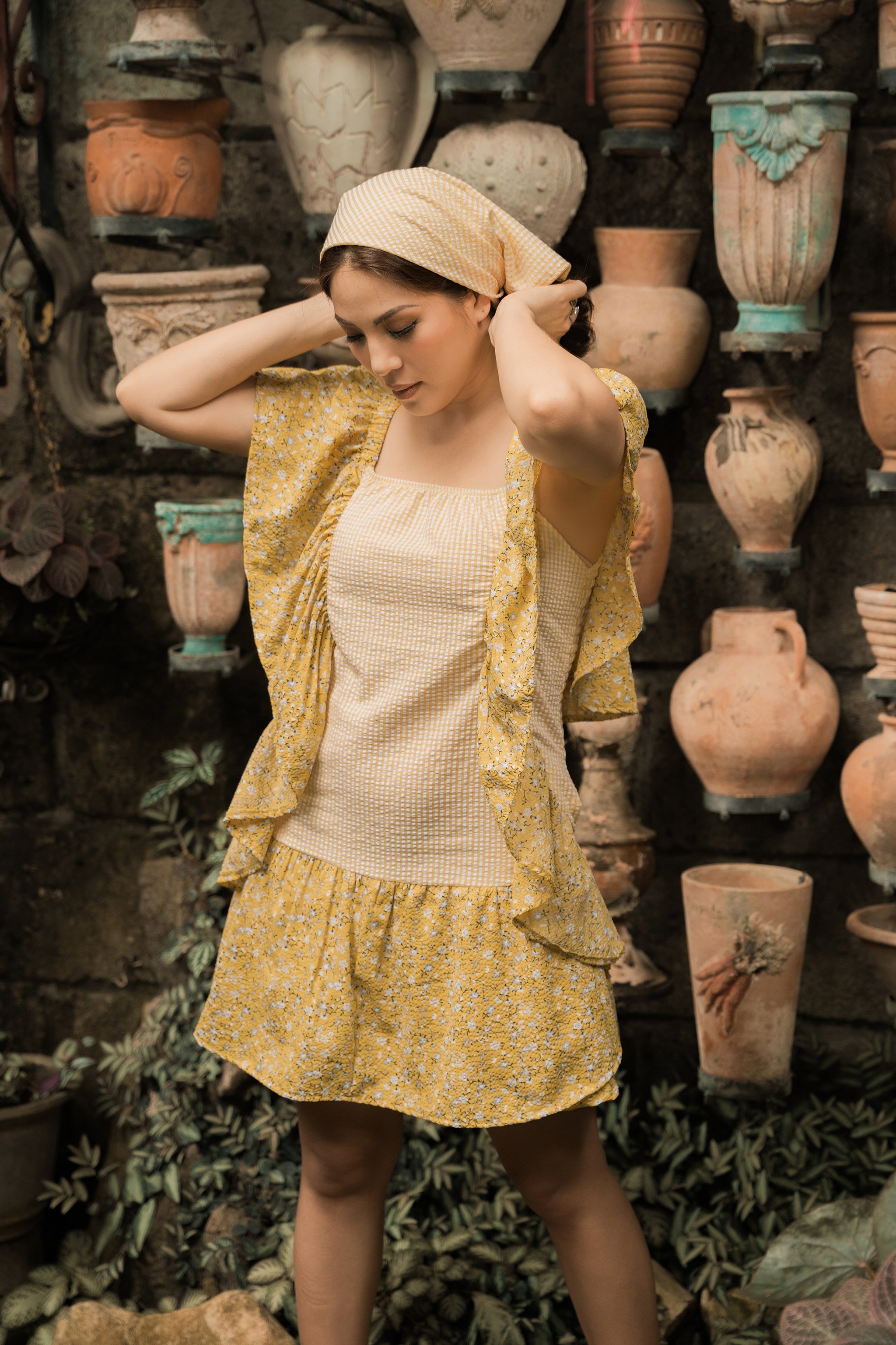 MUM x LDG 3: Maya Premium Yellow Checkered Seersucker Dress with Floral Accent
