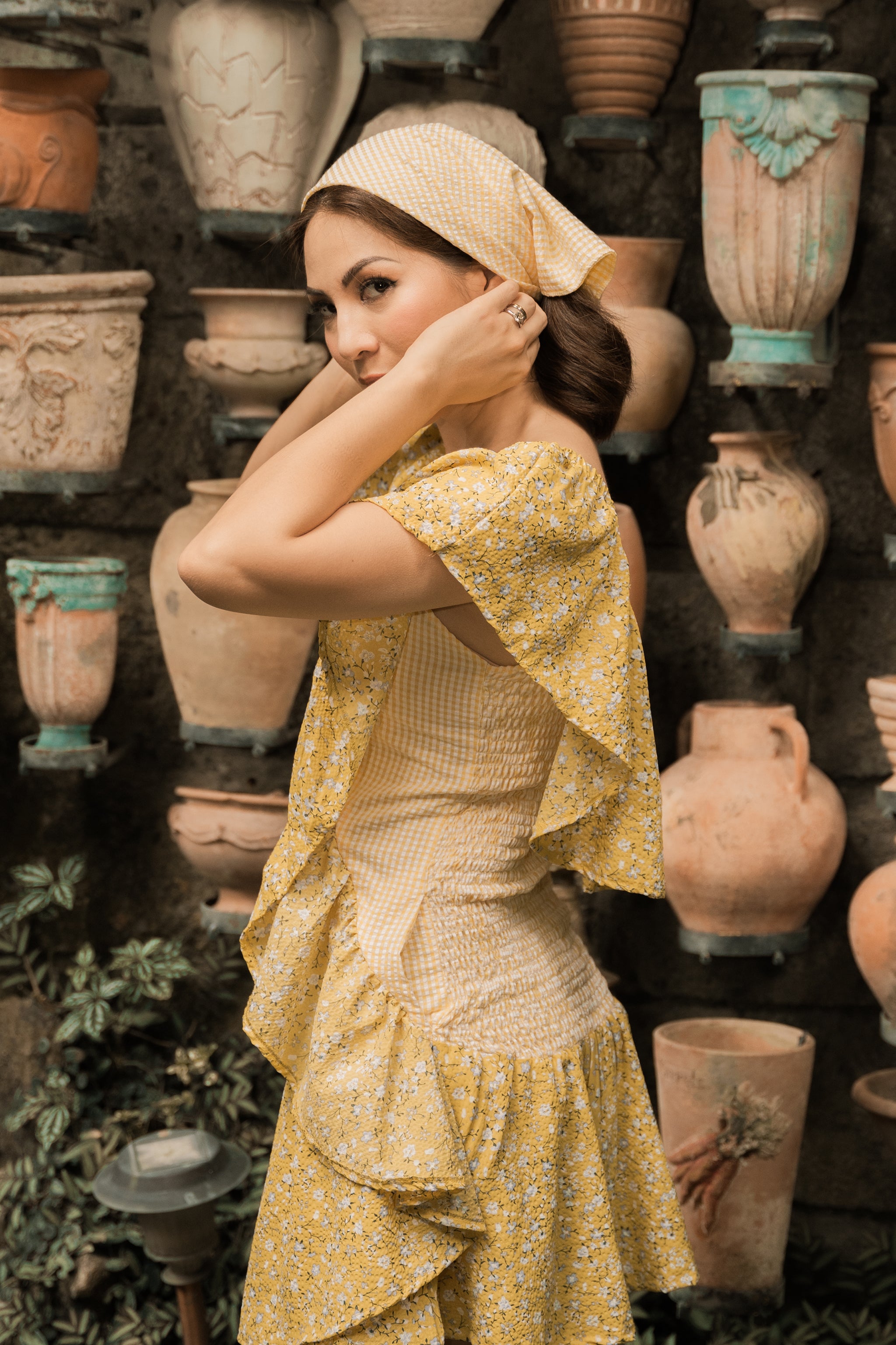 MUM x LDG 3: Maya Premium Yellow Checkered Seersucker Dress with Floral Accent